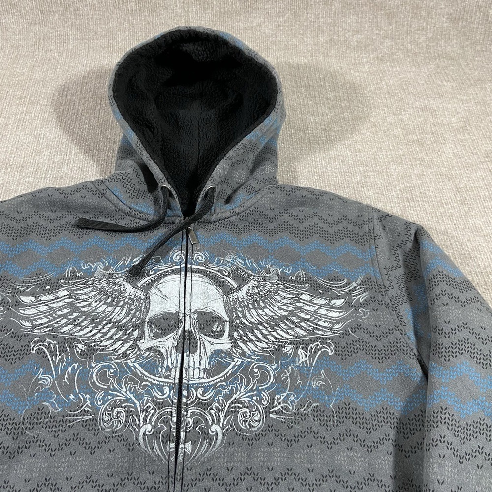Vintage Y2K Skull Hoodie Mens‎ Large Grey Sherpa Mall Goth Grunge Affliction Y2K - Picture 2 of 9